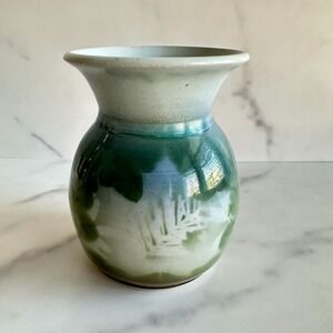 Tom Briney Signed Handmade Vase Green & Blue Glaze 4.75"
